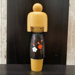 Vintage 9" Japanese Sosaku Kokeshi Wooden Doll  Carved Cherry Blossoms Flower